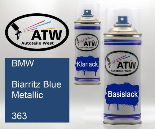 BMW, Biarritz Blue Metallic, 363: 400ml Sprühdose + 400ml Klarlack - Set, von ATW Autoteile West.